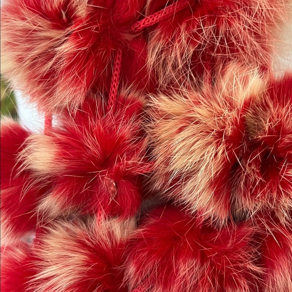 POM POM DYED RABBIT FUR SCARF NECK WARMER RED TAN - Picture 6 of 12